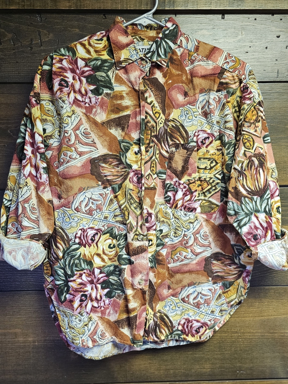 Vintage 90s At Last Multicolor Floral Patchwork Shirt Womens Size Medium